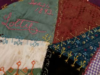 Victorian Crazy Quilt 1893 Dated Signed Embroidery Silks Brocades Velvet 22 X 55 7