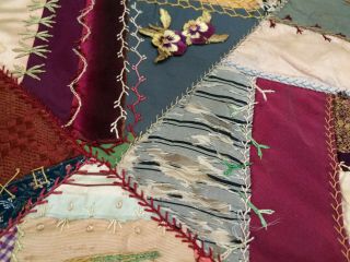 Victorian Crazy Quilt 1893 Dated Signed Embroidery Silks Brocades Velvet 22 X 55 8