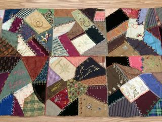 Victorian Crazy Quilt 1893 Dated Signed Embroidery Silks Brocades Velvet 22 X 55 9