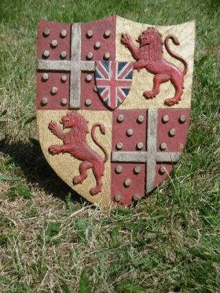 HERALDIC OAK CARVED PAINTED CREST WITH LIONS & CROSS C.  1920 2