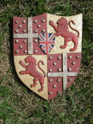 HERALDIC OAK CARVED PAINTED CREST WITH LIONS & CROSS C.  1920 3