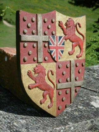 HERALDIC OAK CARVED PAINTED CREST WITH LIONS & CROSS C.  1920 4