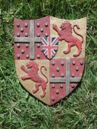 HERALDIC OAK CARVED PAINTED CREST WITH LIONS & CROSS C.  1920 7