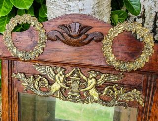 Charming Unique Antique French Mirrored Oak Display Cabinet With Winged Angels