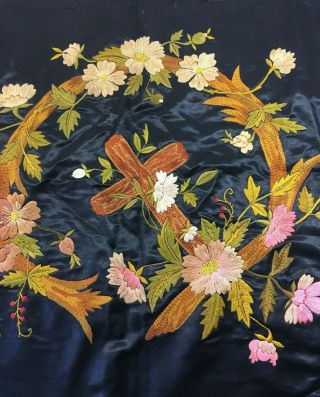 Antique Embroidery Black Silk Religious Cross Floral