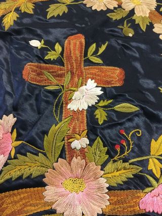 Antique Embroidery Black Silk Religious Cross Floral 2