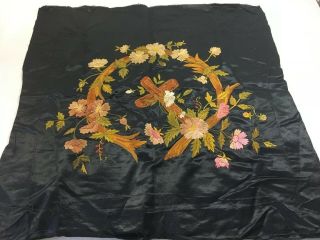 Antique Embroidery Black Silk Religious Cross Floral 3