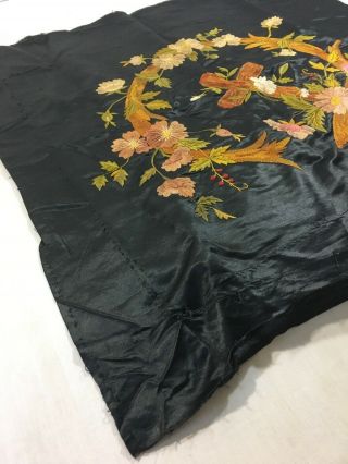 Antique Embroidery Black Silk Religious Cross Floral 4