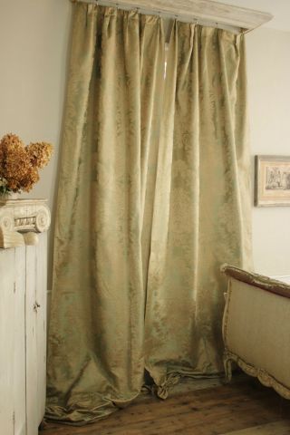 Silk Damask Curtains Green Gold French C1920 