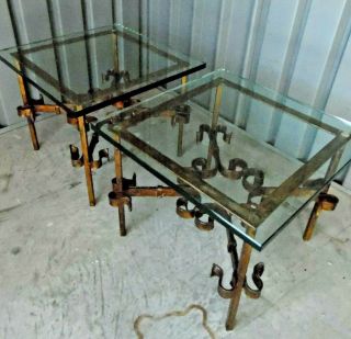 Vintage Gilt Iron Thick Glass Pair Tables After Silas Seandel 20x20x16.  5 " Mcm