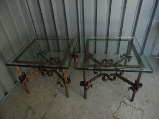 Vintage Gilt Iron Thick Glass Pair Tables After Silas Seandel 20X20x16.  5 