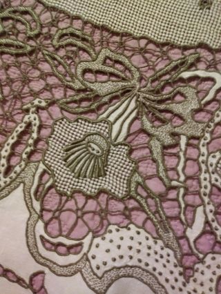 Antique Madeira Lavish Cutwork & Embroidered Linen Tablecloth 60 " Round