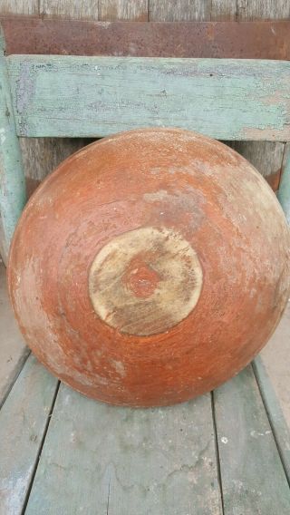 Early Primitive Wooden Bowl Great Old Red Paint Wide Lip Hand Turned