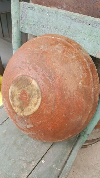 Early Primitive Wooden Bowl Great Old Red Paint Wide Lip Hand Turned 2