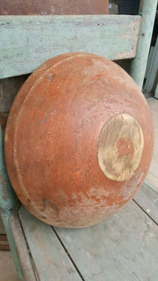 Early Primitive Wooden Bowl Great Old Red Paint Wide Lip Hand Turned 3