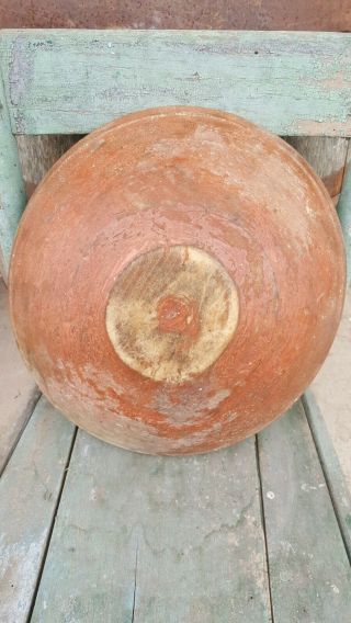 Early Primitive Wooden Bowl Great Old Red Paint Wide Lip Hand Turned 5