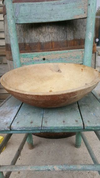 Early Primitive Wooden Bowl Great Old Red Paint Wide Lip Hand Turned 7