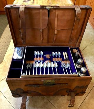 Antique Leather Automobile Touring Picnic Trunk,  Chest With Contents,  Key Lock