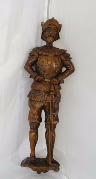 15 " Antique French Walnut Finely Carved Wood Medieval Knight/ Sword - Figurine