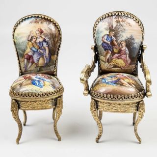 Exceptional Pair (2) Antique Vienna Or French Kiln - Fired Enamel Miniature Chairs