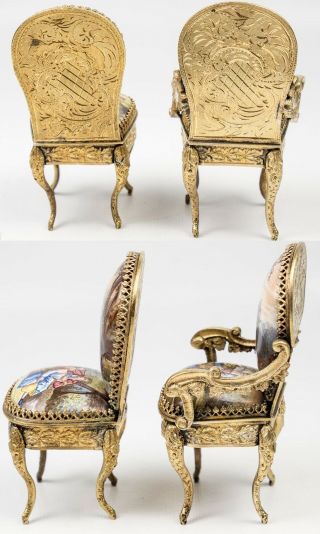 Exceptional Pair (2) Antique Vienna or French Kiln - fired Enamel Miniature Chairs 3