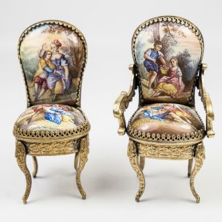 Exceptional Pair (2) Antique Vienna or French Kiln - fired Enamel Miniature Chairs 5