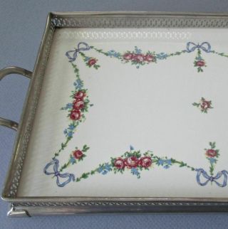 Antique 13 " Pierced Silver Metal Tray W Porcelain Rose Swags,  Blue Bows Germany