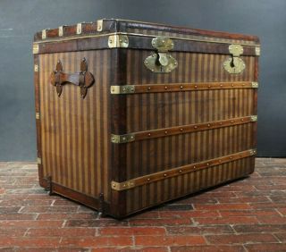 Magnificent Antique Woven Fabric Striped Steamer Trunk