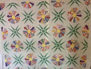 Antique Hand - Stitched Quilt Top Authentic 30s Fabrics Dresden & Star Pattern
