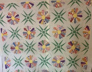 Antique Hand - stitched Quilt Top Authentic 30s Fabrics Dresden & Star Pattern 3