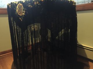 Antique Venetian Rose Hand - Embroidered large wrap Silk shawl,  Fringed,  circa 1910 5