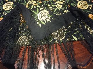 Antique Venetian Rose Hand - Embroidered large wrap Silk shawl,  Fringed,  circa 1910 7