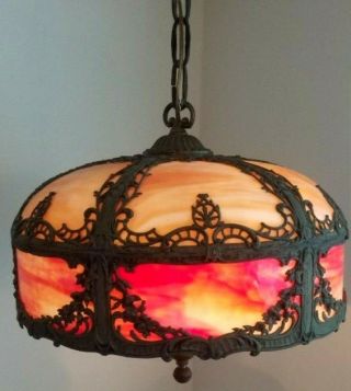 MILLER / ROYAL ART GLASS CO Art Nouveau Orange Red Glass Ceiling Slag Swag Lamp 11