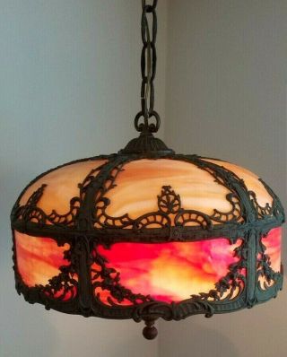 Miller / Royal Art Glass Co Art Nouveau Orange Red Glass Ceiling Slag Swag Lamp