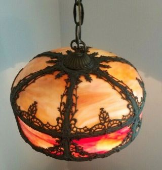 MILLER / ROYAL ART GLASS CO Art Nouveau Orange Red Glass Ceiling Slag Swag Lamp 2
