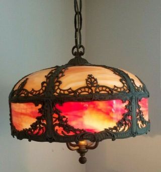 MILLER / ROYAL ART GLASS CO Art Nouveau Orange Red Glass Ceiling Slag Swag Lamp 3