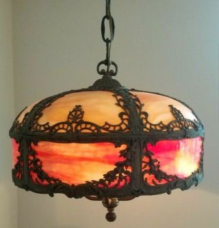 MILLER / ROYAL ART GLASS CO Art Nouveau Orange Red Glass Ceiling Slag Swag Lamp 4