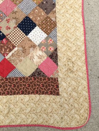 OHIO FARMHOUSE 1800 ' S ANTIQUE CALICO PATCHWORK SAMPLER QUILT BROWN BACK AAFA 4