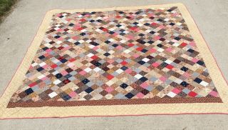 OHIO FARMHOUSE 1800 ' S ANTIQUE CALICO PATCHWORK SAMPLER QUILT BROWN BACK AAFA 9