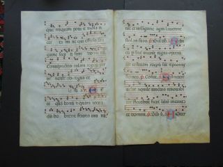 ANTIQUE ANTIPHONAL MANUSCRIPT SHEET MUSIC on VELLUM - 2 DOUBLE SIDED SHEETS 4 P 5