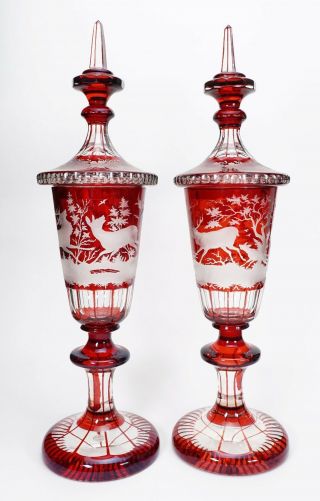 Huge 21 " Tall Antique Bohemian Engraved Ruby Glass Pokals Covered Jars -