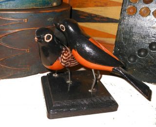 Aafa 1900s Pair Antique Folk Art Hand Carved Polychrome Painted Birds Wood