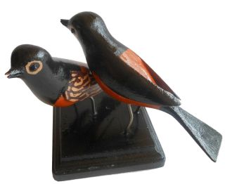 AAFA 1900s Pair Antique Folk Art Hand Carved Polychrome Painted Birds Wood 2