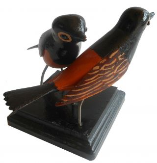 AAFA 1900s Pair Antique Folk Art Hand Carved Polychrome Painted Birds Wood 3