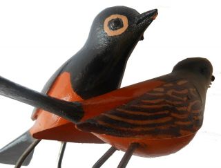 AAFA 1900s Pair Antique Folk Art Hand Carved Polychrome Painted Birds Wood 4