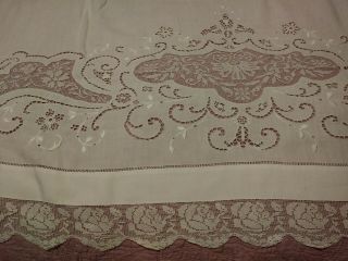 Gorgeous Vintage / Antique Italian Filet Lace Embroidered Linen Sheet 92 