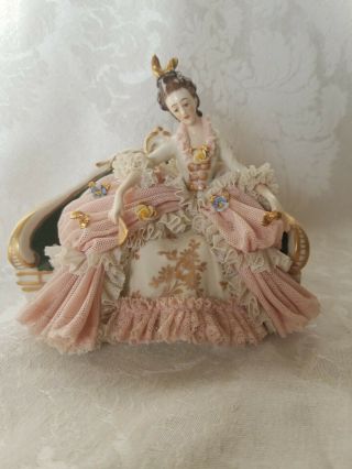 Vintage Dresden Lace Figurine on Settee in Pink PERFECT 12