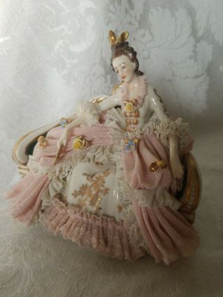 Vintage Dresden Lace Figurine on Settee in Pink PERFECT 3