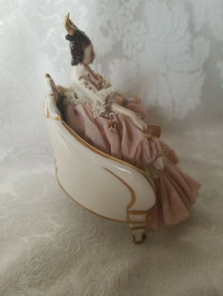 Vintage Dresden Lace Figurine on Settee in Pink PERFECT 7