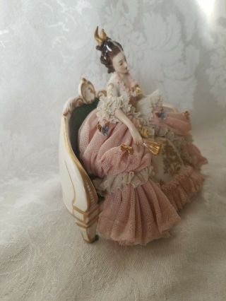 Vintage Dresden Lace Figurine on Settee in Pink PERFECT 8